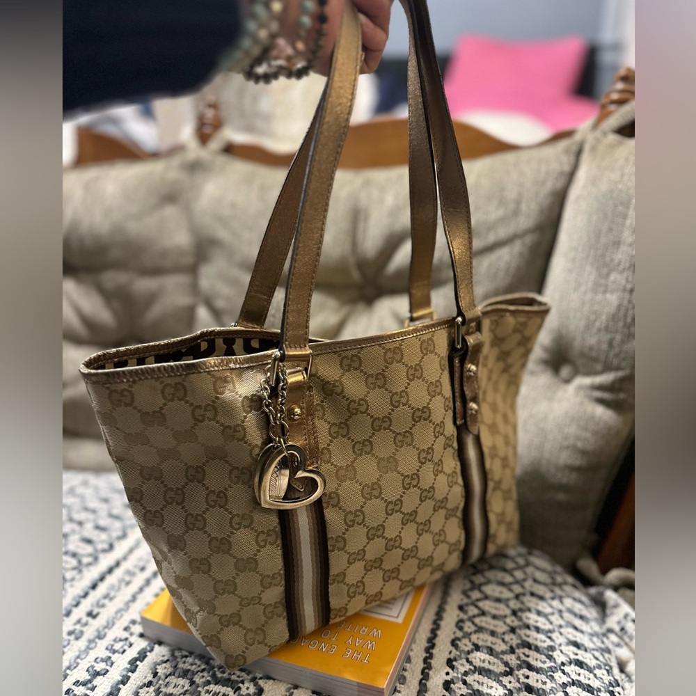 Gucci Beige and Brown Tote with Heart Charm